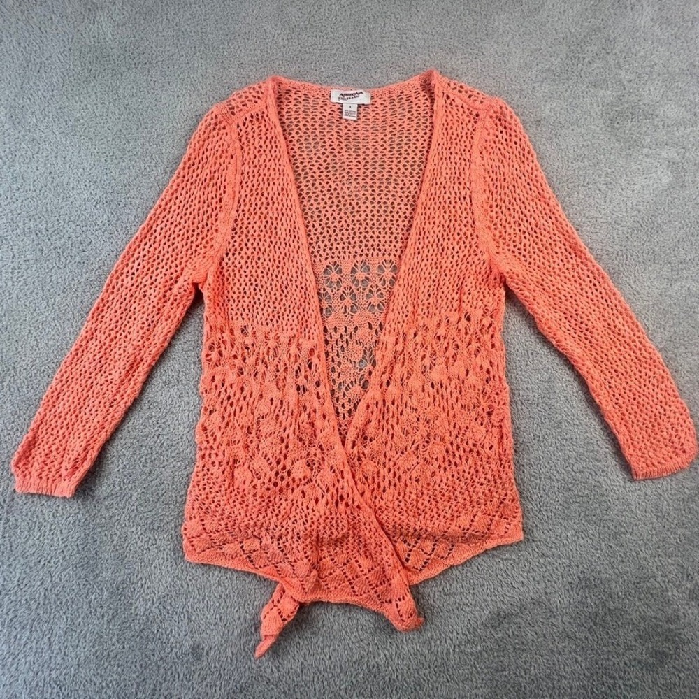 Arizona Jean Co Women Small Coral Orange Open Knit Tie Front Cardigan Sweater